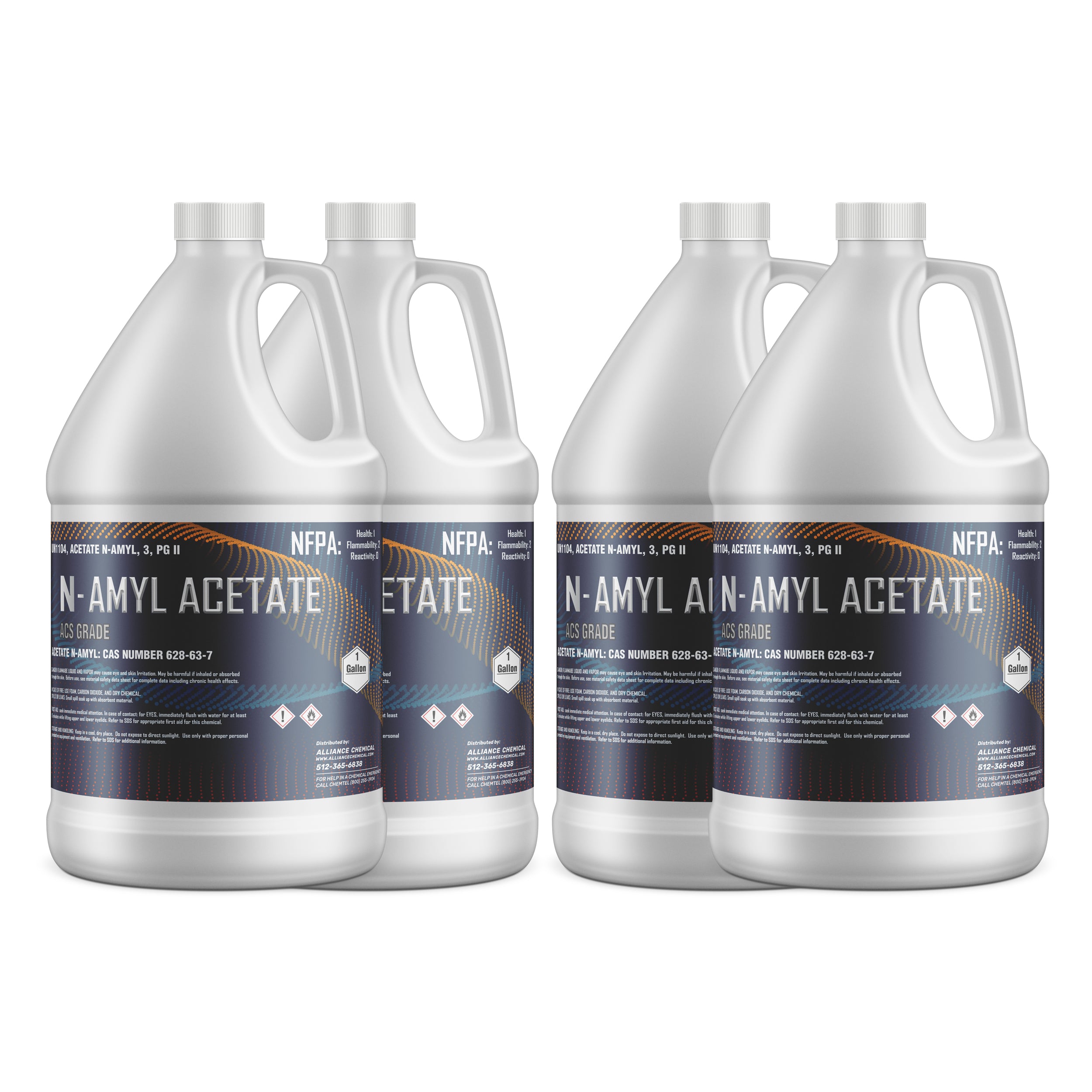 4x1-gallon N-Amyl Acetate ACS grade chemical in white HDPE jugs, NFPA diamond warning label, CAS 628-63-7, manufactured by Alliance Chemical.